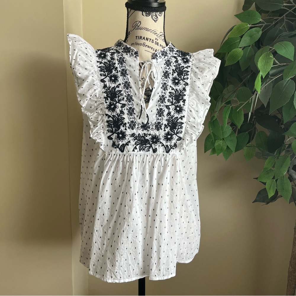 Loft Embroidered Floral Dot Ruffle Sleeveless Top White Sz S - Picture 2 of 16